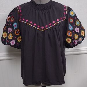 100% Cotton Embroidered Smoked Black Women's Top Balloon Sleeves Boho, Bohemian